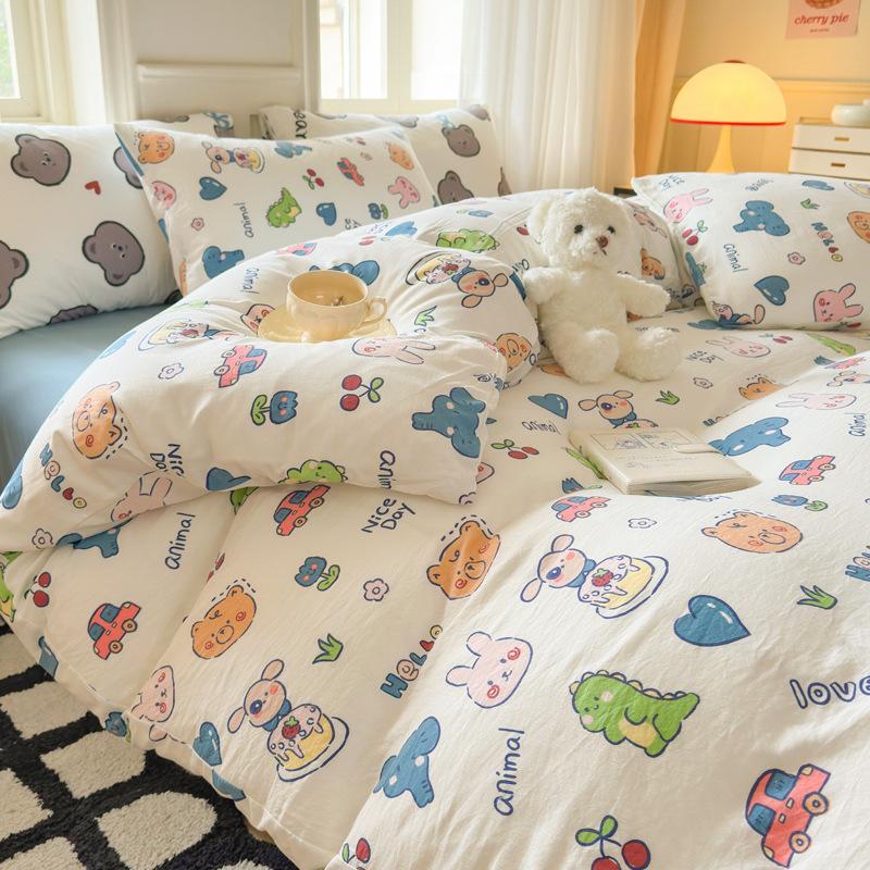 Small Clear Four-piece Set of Washed Cotton Sheets, Quilt Cover Three-piece Set of Bedding