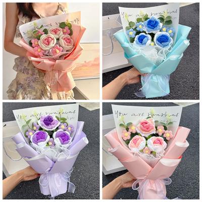 Hand Knitted Flower Valentine Day Gifts Crochet Flowers Finished Hand-woven Flower Bouquet Wedding Valentines Gift