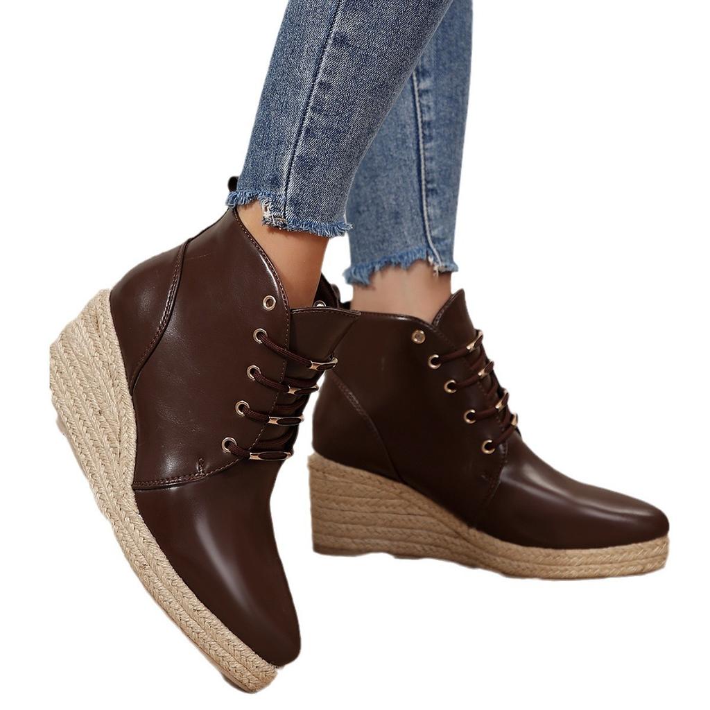 Wedge Heel Thick-soled Pointed Short Boots Solid Color Front Lace-up Straw Hemp Rope Bottom