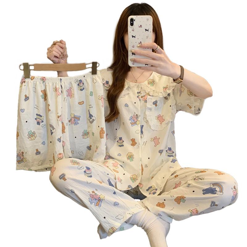 Japanese Doll Collar Cloud Cotton Pajamas Women'S Summer Cartoon Small Fresh Short-Sleeved Loungewear Three-Piece Set