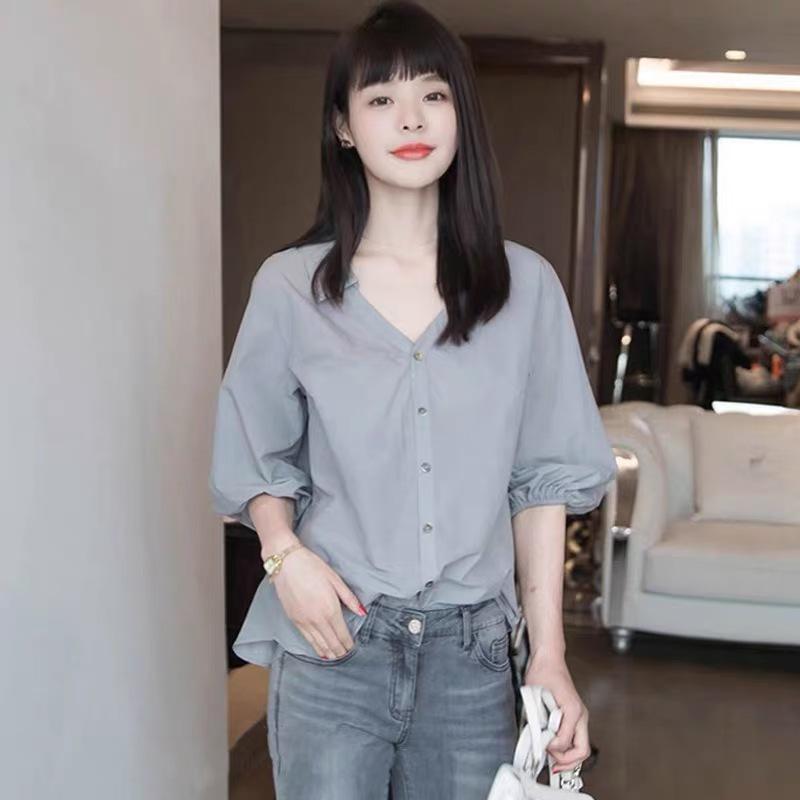 

Женский шикарный топ с V-образным вырезом и рукавом три четверти свободного кроя для весны и лета Large лаймовый