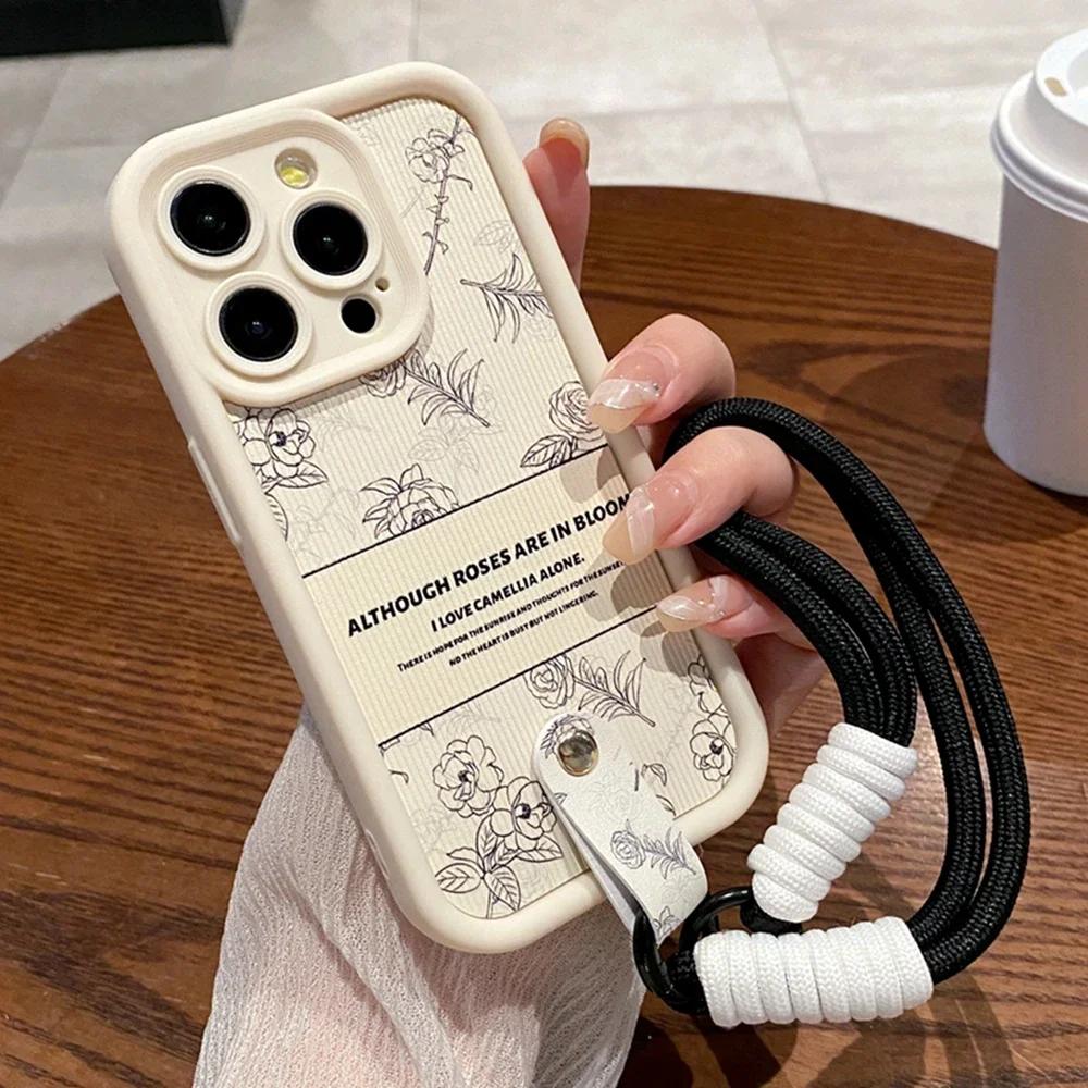 

Роскошные чехлы для телефонов с ремешком на запястье Камелия для iPhone 13 11 14 15 Plus 12 16 Pro Max X XR XS 15pro MAX Чехол Силиконовый чехол со шнурком for iPhone15proMax