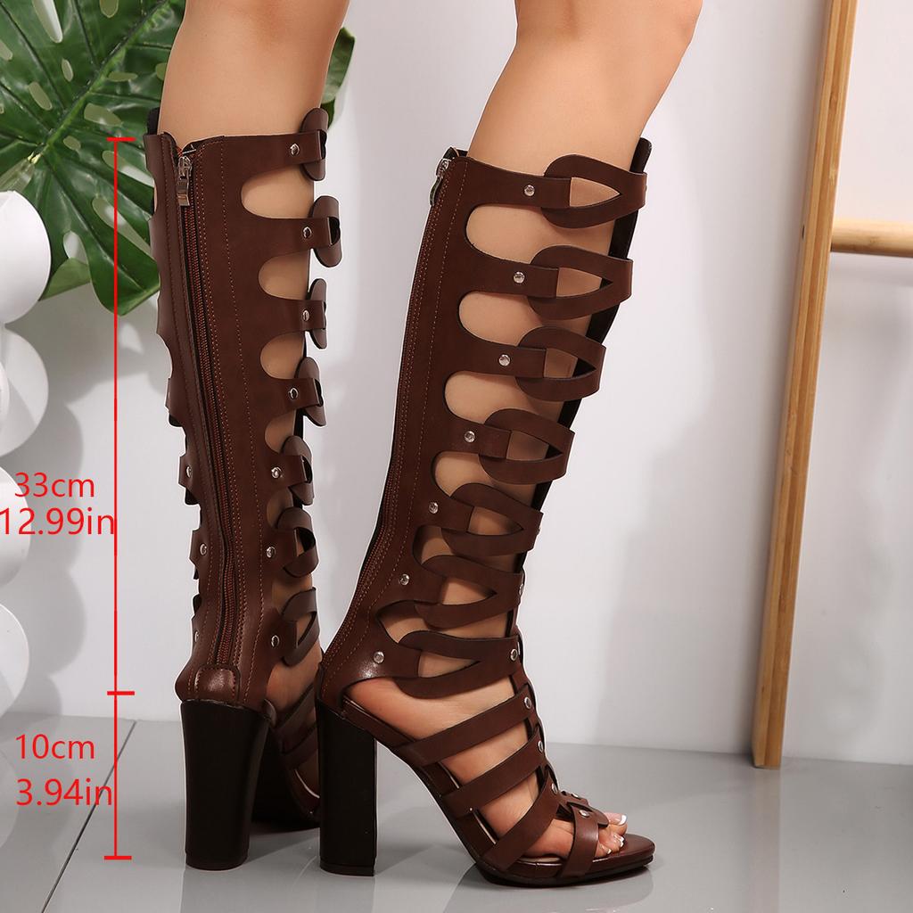 Large size summer new hollow thick heel open-toed women's cool boots British style rear zipper versatile casual women's shoes