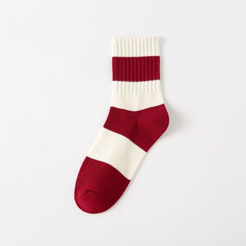 Autumn and Winter Socks for Women, Encore Red Bow Mid-calf Socks, Striped Versatile Cotton Women's Socks, Zhuji Socks