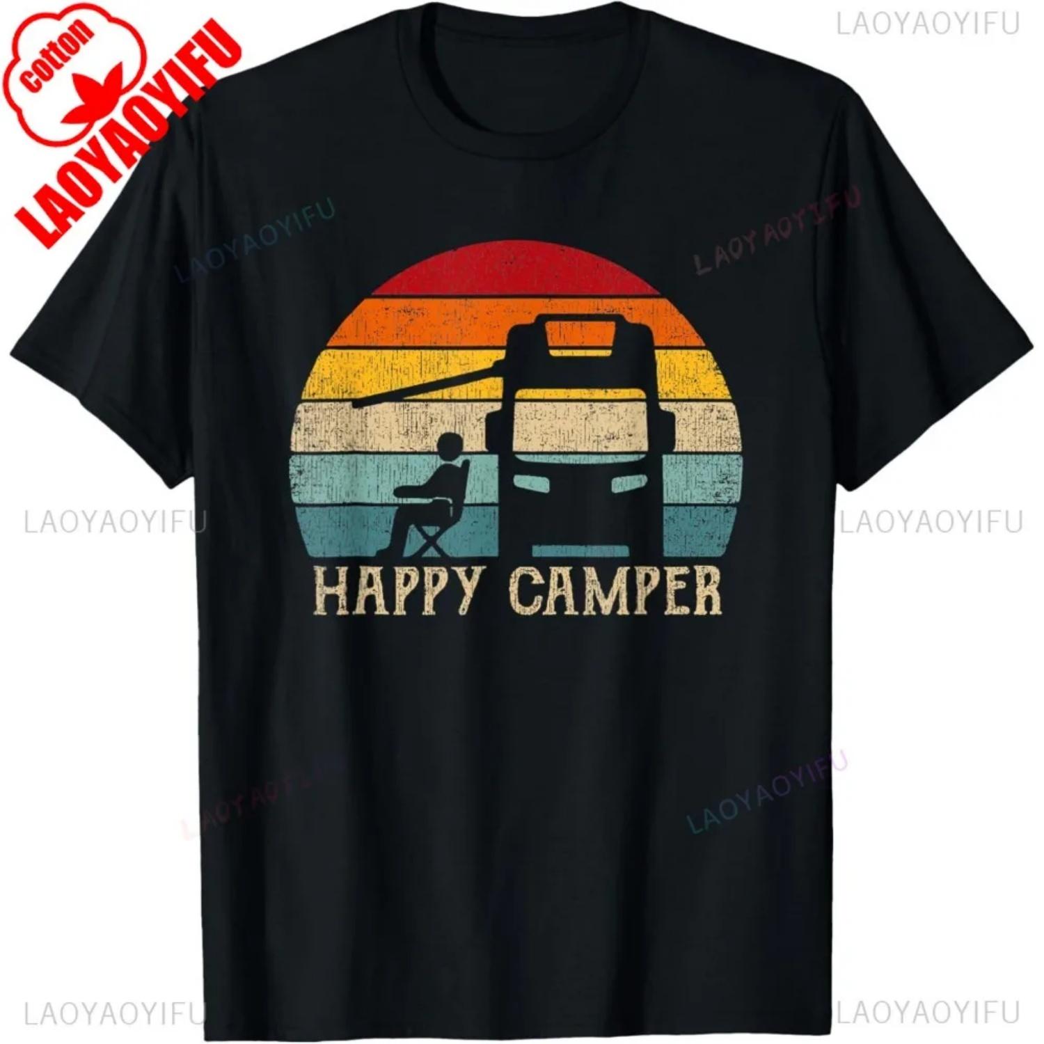 

Happy Camper RV Camping Shirt Men Women Retro Sun 70s 80s T-Shirt Cotton Short Sleeve Casual Fashion Summer Style Man Tshirts S чёрный