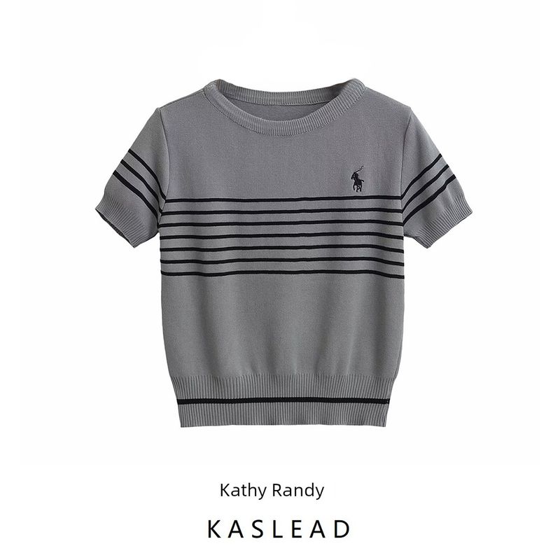Kaslead New Women clothes Western Style Fashion Simple and Versatile round Neck Short sleeve Knitted Top
