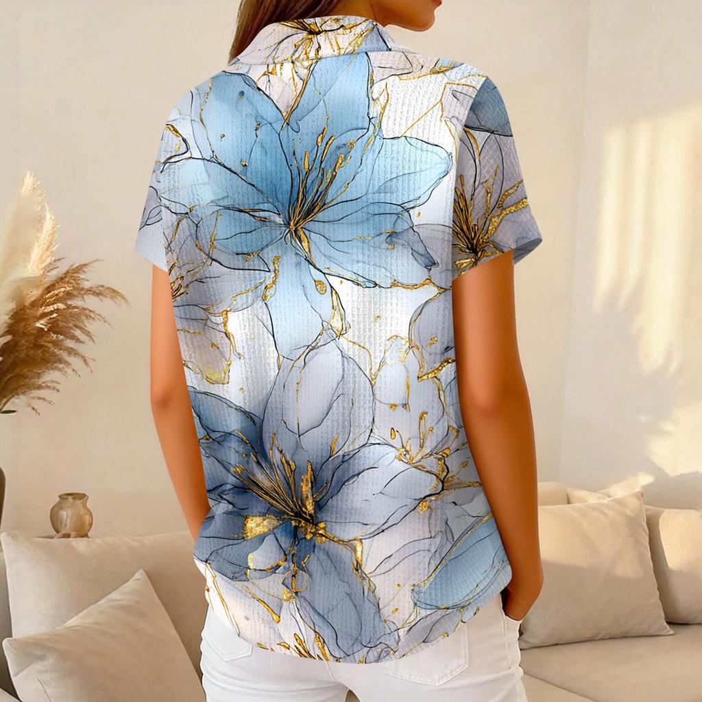 Women’s Short Sleeve Polo Collar Knit Top with Vintage Floral Print Casual Loose Fit Button Front Shirt