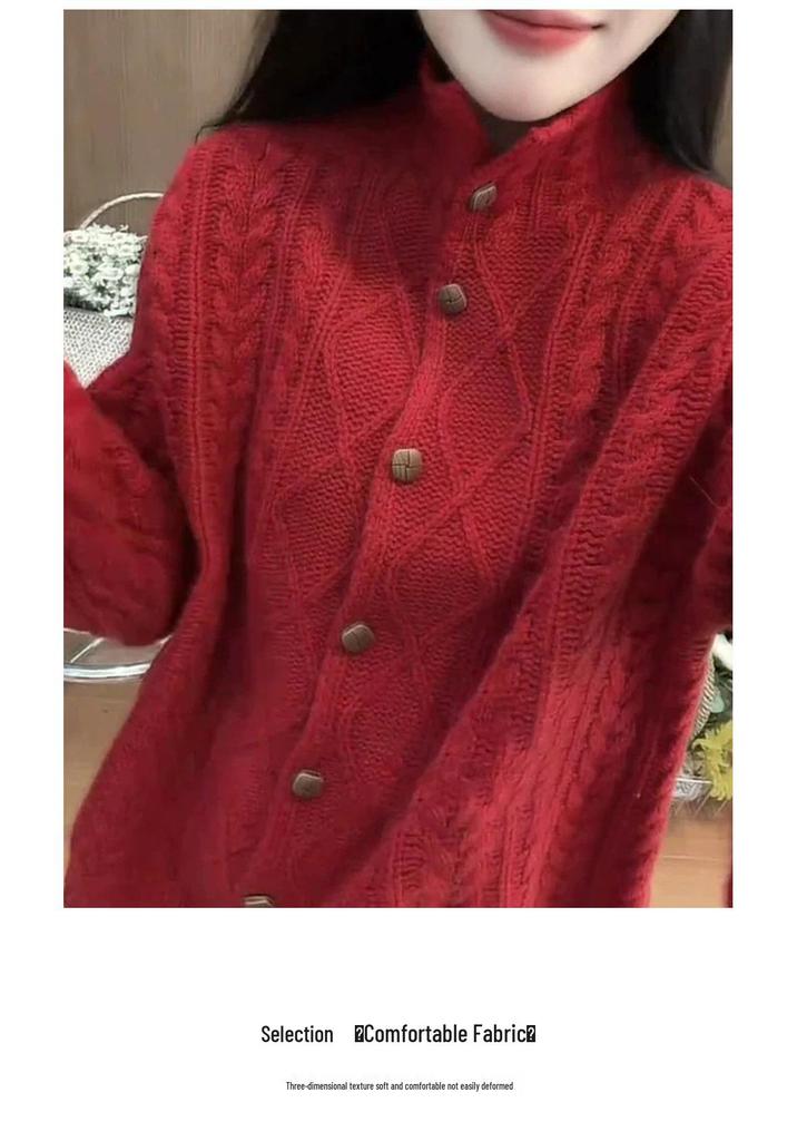 Women's High Neck 100% Pure Wool Jacquard Cardigan: Thick, Loose, Red Autumn/Winter Outerwear Sweater.