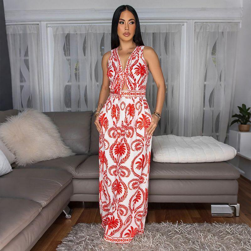 

Cy901785 Version Fashion Loose Jumpsuit Women s Sleeveless Shoelace Tops Zipper Print One-Piece Pants Red S