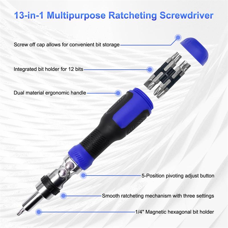 13 in 1 Ratchet Screwdriver Set 180° Pivoting Adjustable Angle Screwdriver Portable Multibit Screwdriver Tool Screw Driver Set