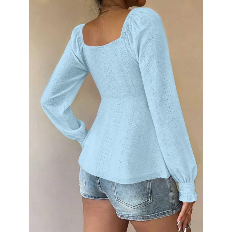 Women V Neck Drawstring Ruched Solid Color Loose Long Sleeve Casual T Shirt