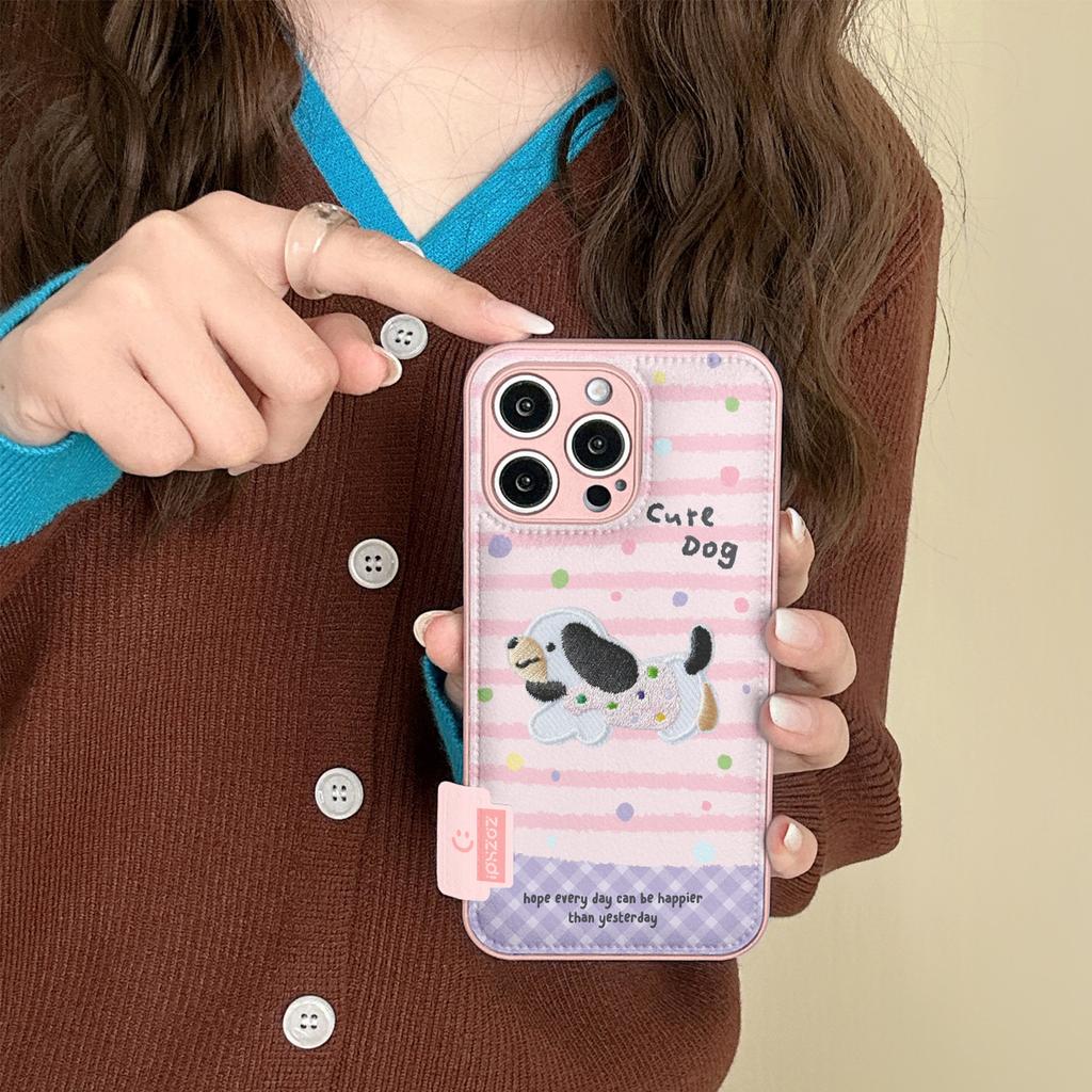 Striped Polka Dot Embroidery Puppy Apple 17promax Mobile Phone Case New iPhone16 Women's Autumn and Winter Drum Bag Anti-drop