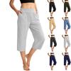 Women Elastic High Waist 3/4 Pant Casual Fit Wide Capris Leg Pants Trousers With Pockets