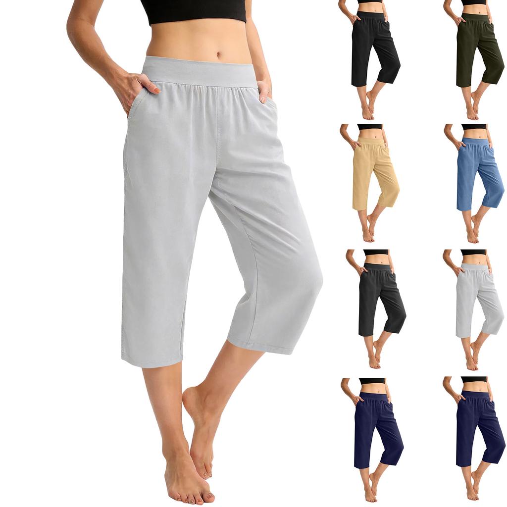 Women Elastic High Waist 3/4 Pant Casual Fit Wide Capris Leg Pants Trousers With Pockets