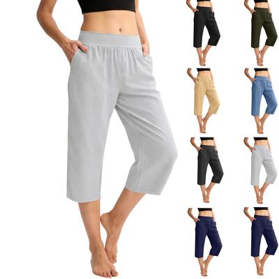 Pantalon Capri Large Élastique Taille Haute 3/4 pour Femme Coupe Décontractée Pantalon Long avec Poches