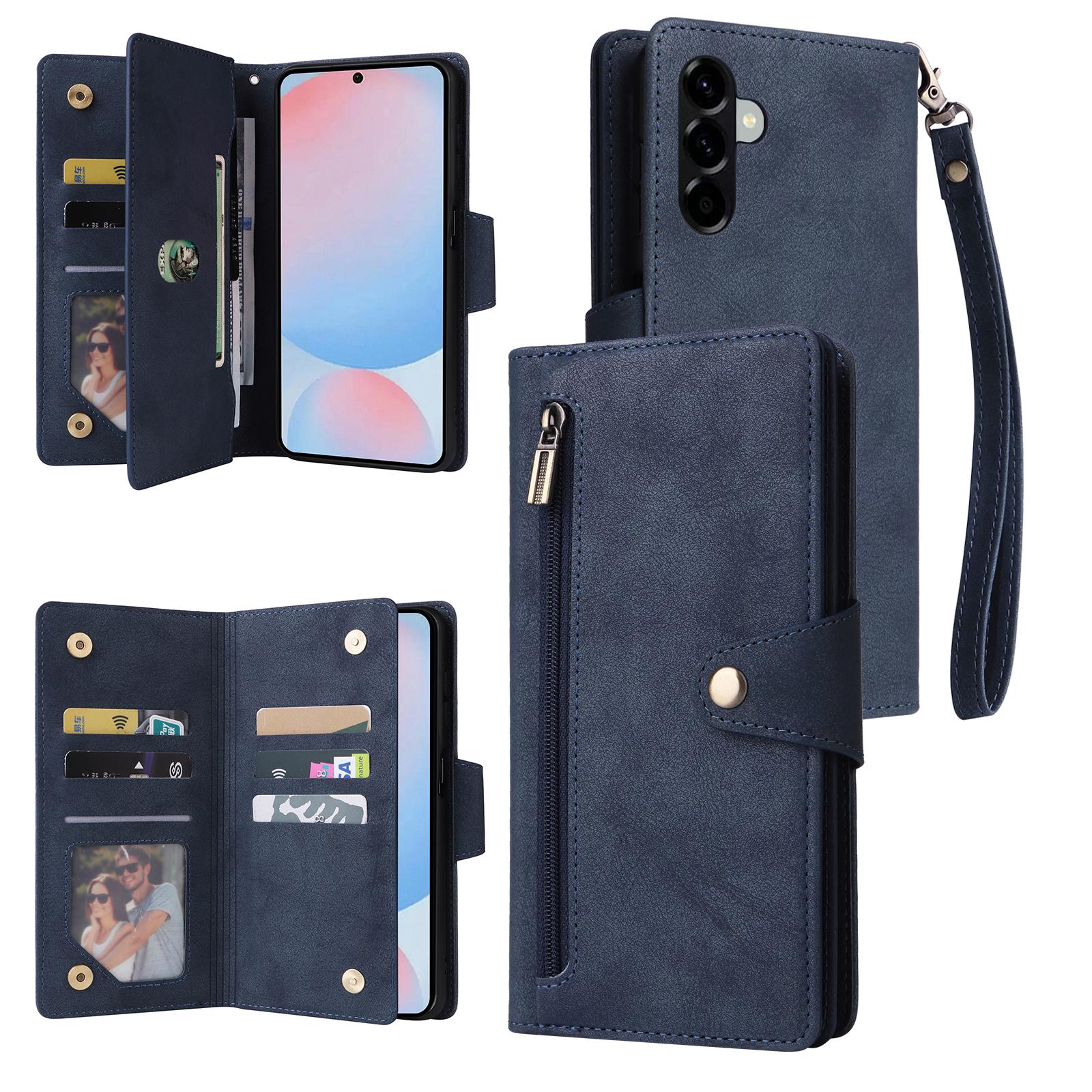 

For Samsung Galaxy A56 5G Case Zipper Wallet Leather Stand Phone Cover Rivet Decor Blue