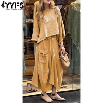 Damen Mode Lässig Einfarbiger Druck Sommer Frühling 3/4 Ärmel Rundhalsausschnitt Rock Anzüge