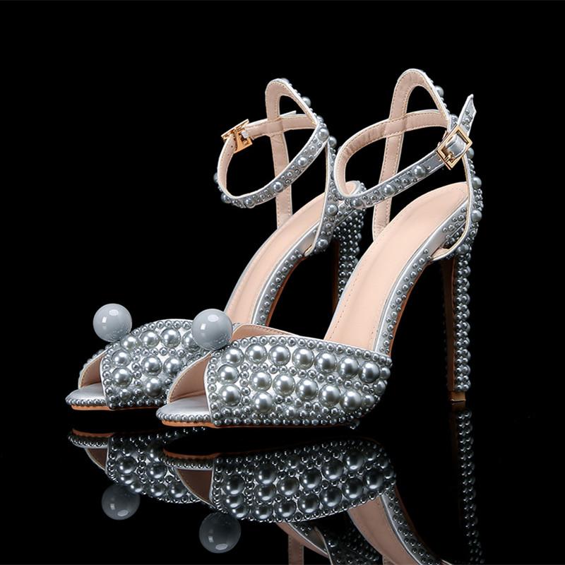 Luxury Handmade Pearl Peep Toe Women Sandals Summer Wedding Princess Thin High heels Elegant Party Prom Bridal Shoes
