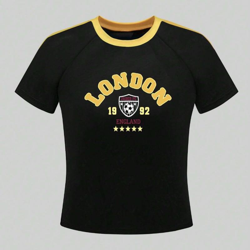 

Европейская и американская короткая облегающая футболка с буквенным принтом Y2K для женщин, летняя укороченная, открытая сексуальная футболка L чёрный