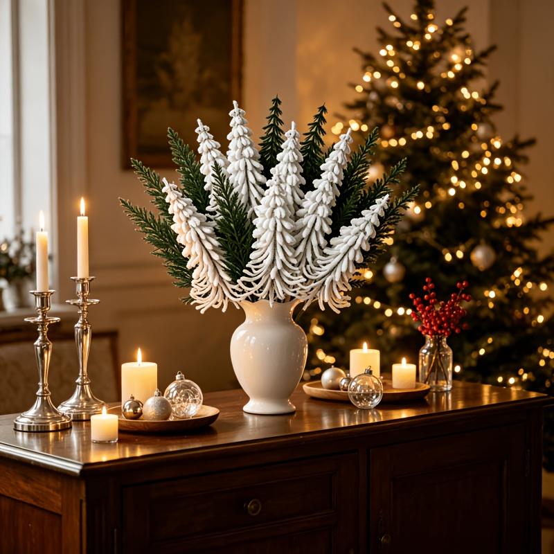 15pcs Set New Style - Artificial Christmas Pine Branch Bouquet | White and Green Flocked Pine Branches, Nordic Winter Holiday Ornament