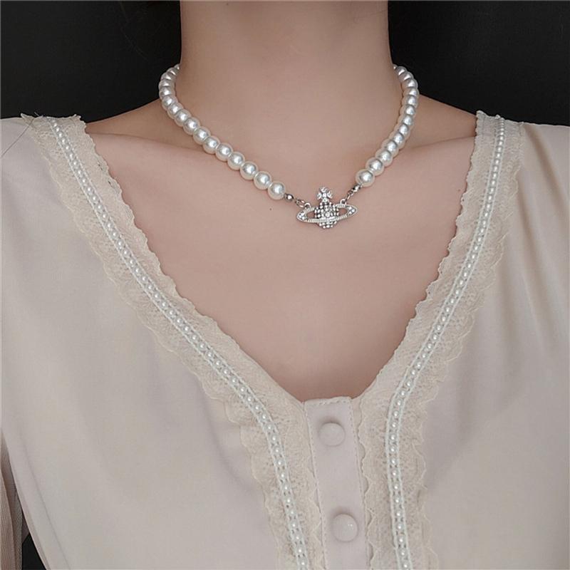 Planet Pearl Choker Necklaces for Women Crystal Rhinestones Pearl Bead Necklaces Ladies Wedding Pearl Bead Chain Neck