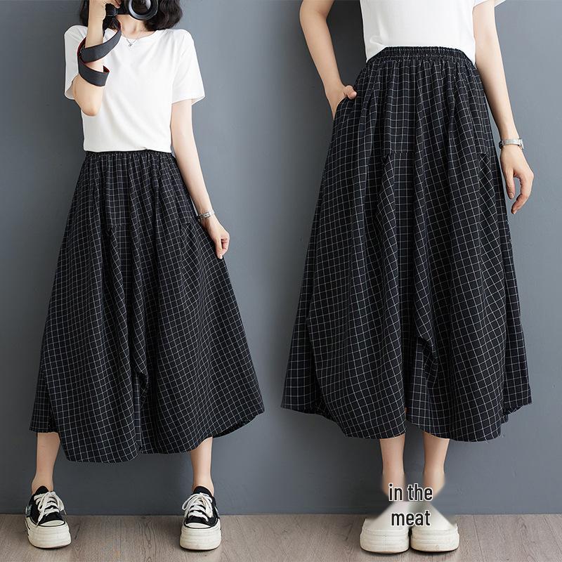 Women's Hepburn Style Plaid Midi Skirt - Three-Piece Dark Irregular A-line for Summer