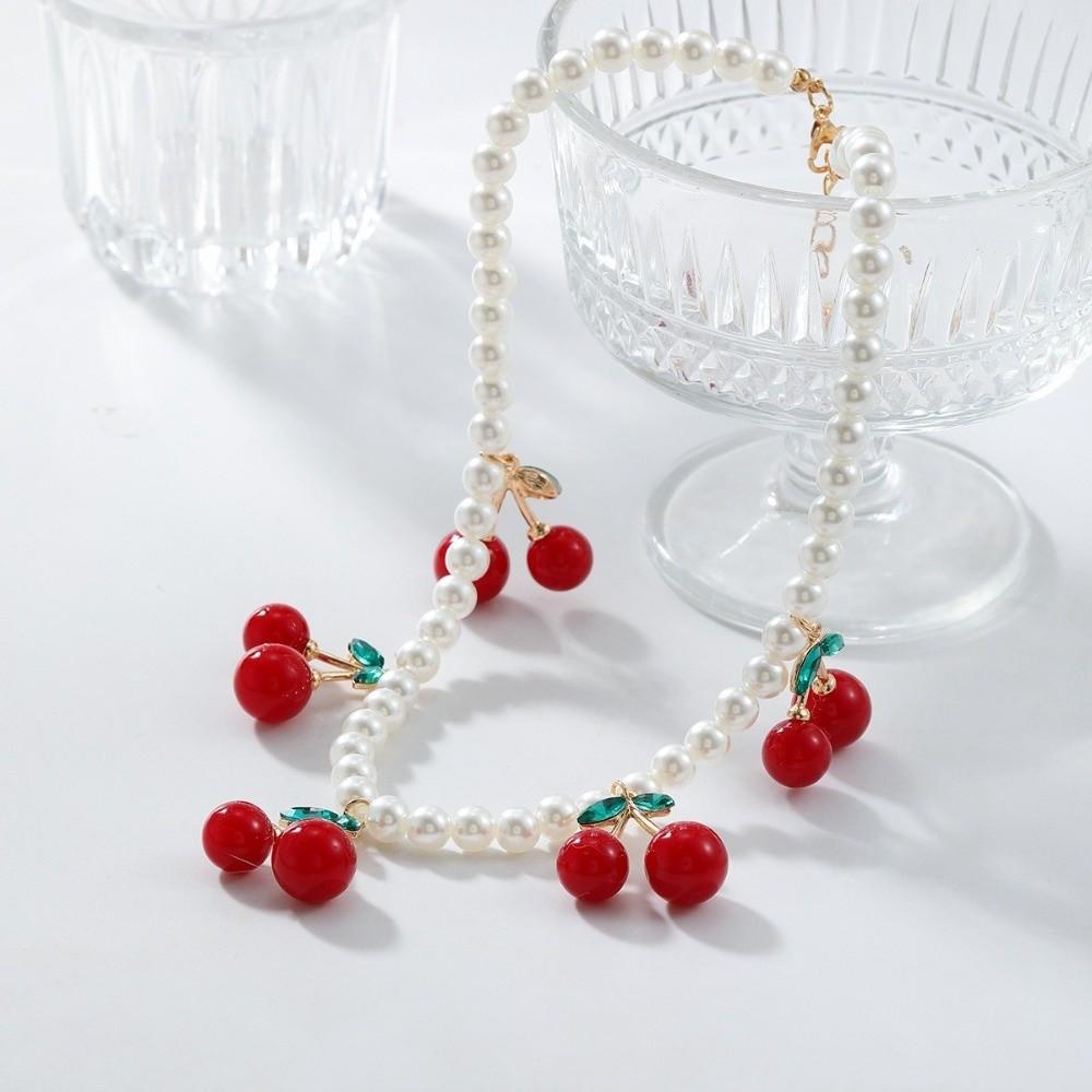 Cherry Pendant Women's Pearls Necklace Jewelry Gift Neck Chain Cherry Pendant Necklace  Women