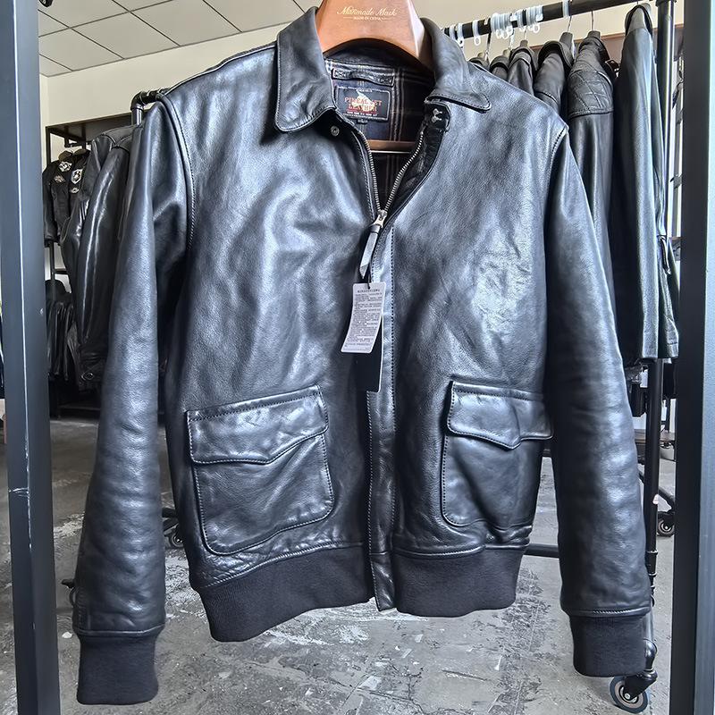 New A Air Force Flight Suit Leather Jacket Men's Asian Slim Short Top Vegetable Tanned Cowhide Leather Jacket