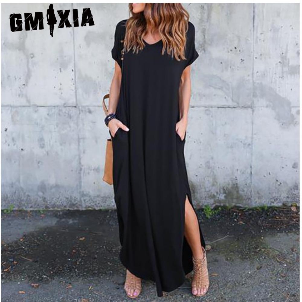 

GMXIA Сексуальное женское платье больших размеров 5XL Летнее однотонное повседневное платье макси с коротким рукавом для женщин Длинное платье Женские платья XXXXXL чёрный