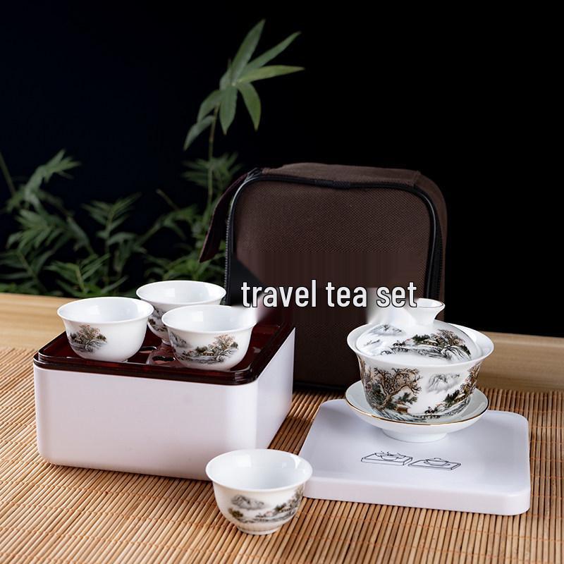 Portable Ceramic Kung Fu Travel Tea Set with Tray and Case
