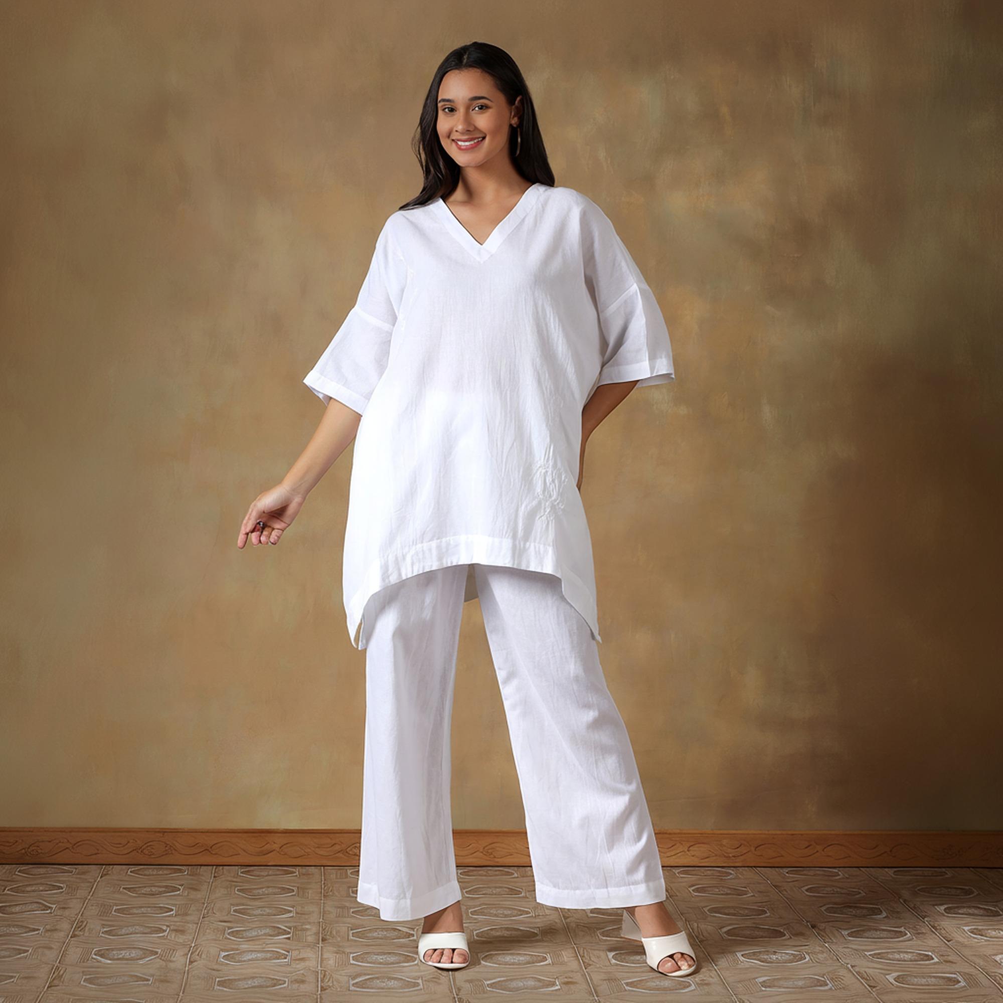 White Handcrafted Freesize Kaftan Top with Pant S белый