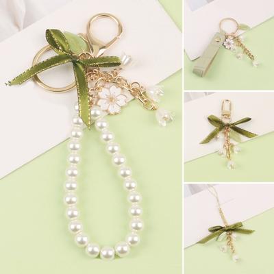 Blume Metall Schlüsselanhänger Anhänger Faux Perle Band Bowknot Kette Dekor Auto Schlüssel Telefon Kopfhörer Tasche Zubehör