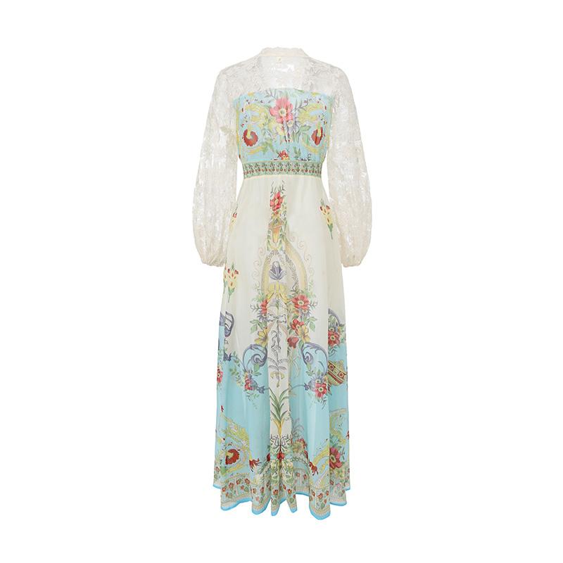 2026 Spring/Summer Resort-Style V-Neck Puff Sleeve Lace-Panel Printed Long Maxi Dress