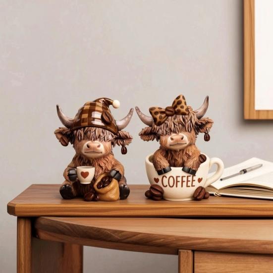 Handgefertigte Harz-Kaffeehaus-Dekoration 2 Stück Kuhfigur, Niedliche Tierstatue für Zuhause Schreibtisch Eingang Schrank Dekorative Figur Dekor, Café-Stil