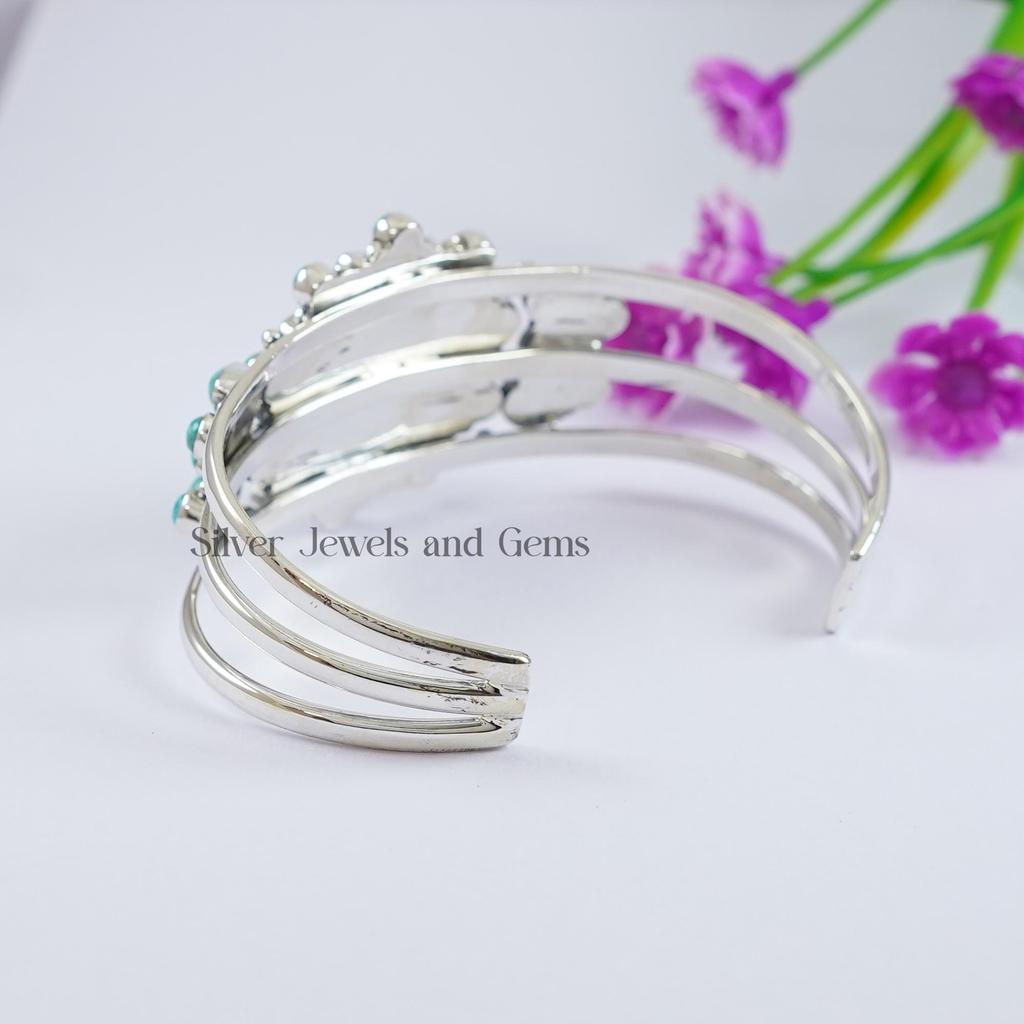 Arizona Turquoise Cluster Cuff Bracelet, 925 Sterling Silver Boho Bangle