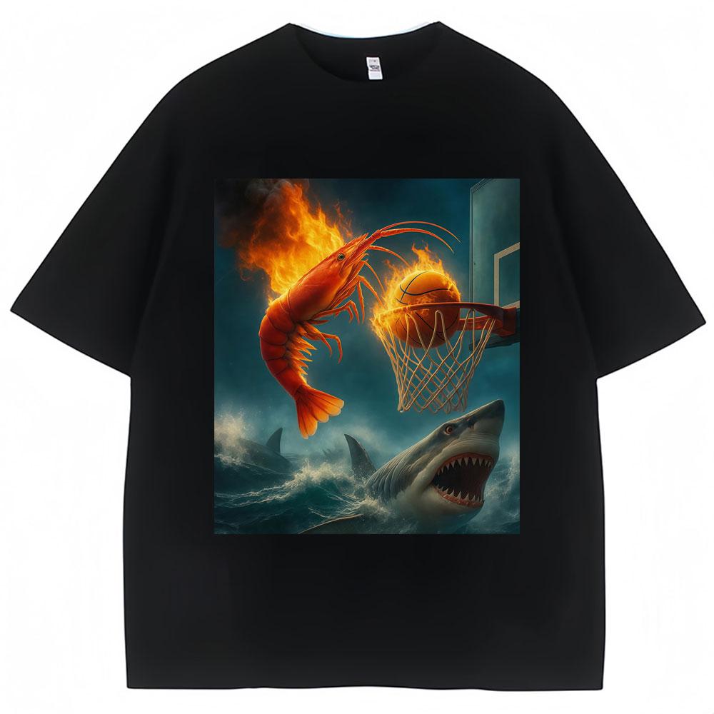 

Fiery Shrimp Dunk Basketball Meme Funny T Shirt Sports Fans Men Women Humor Joke T-shirts Oversized Cotton Short Sleeve S