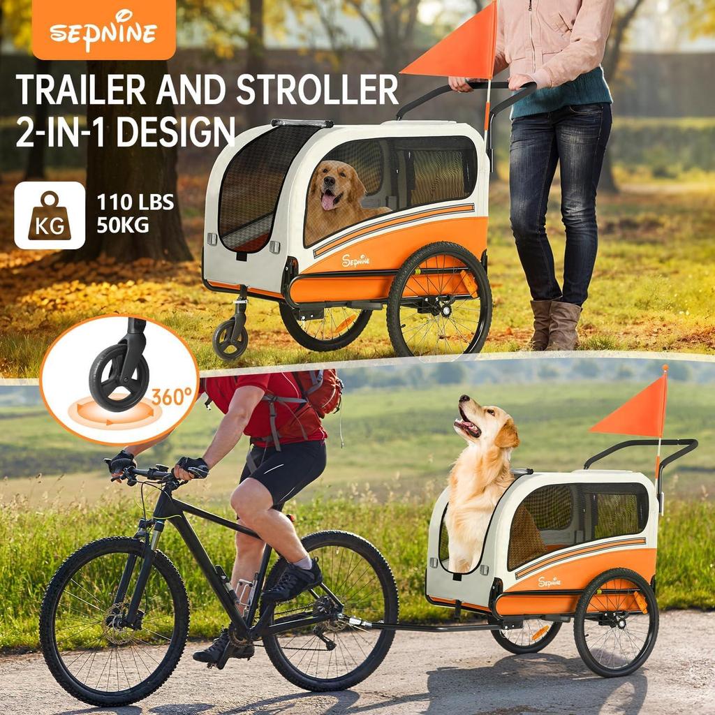 Sepnine 2-in-1 Dog Bike Trailer Stroller,Foldable Dog Cart with Quick Release Wheels,110lbs Capacity,Non-Slip Floor