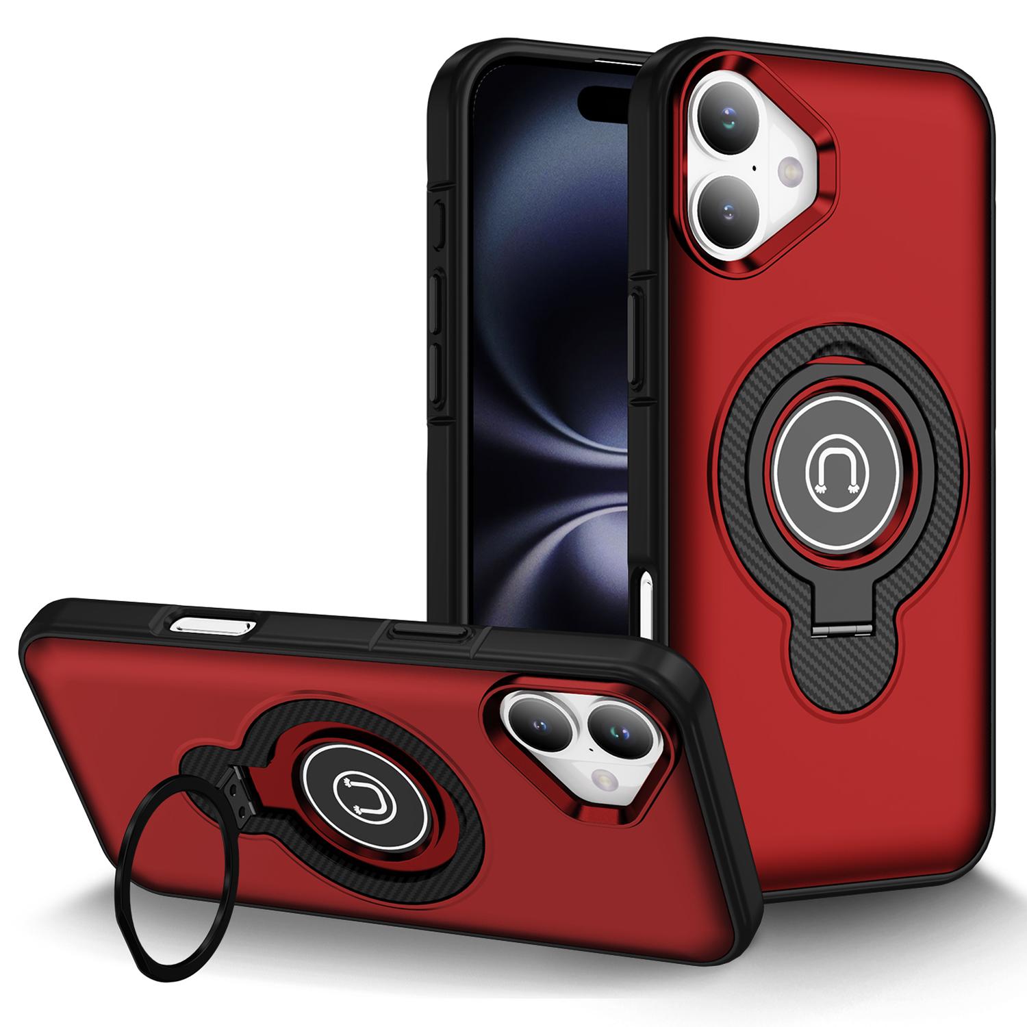 

For iPhone 16 Plus Case TPU+PC Magnetic Car Mount Phone Cover with Ring Kickstand Red