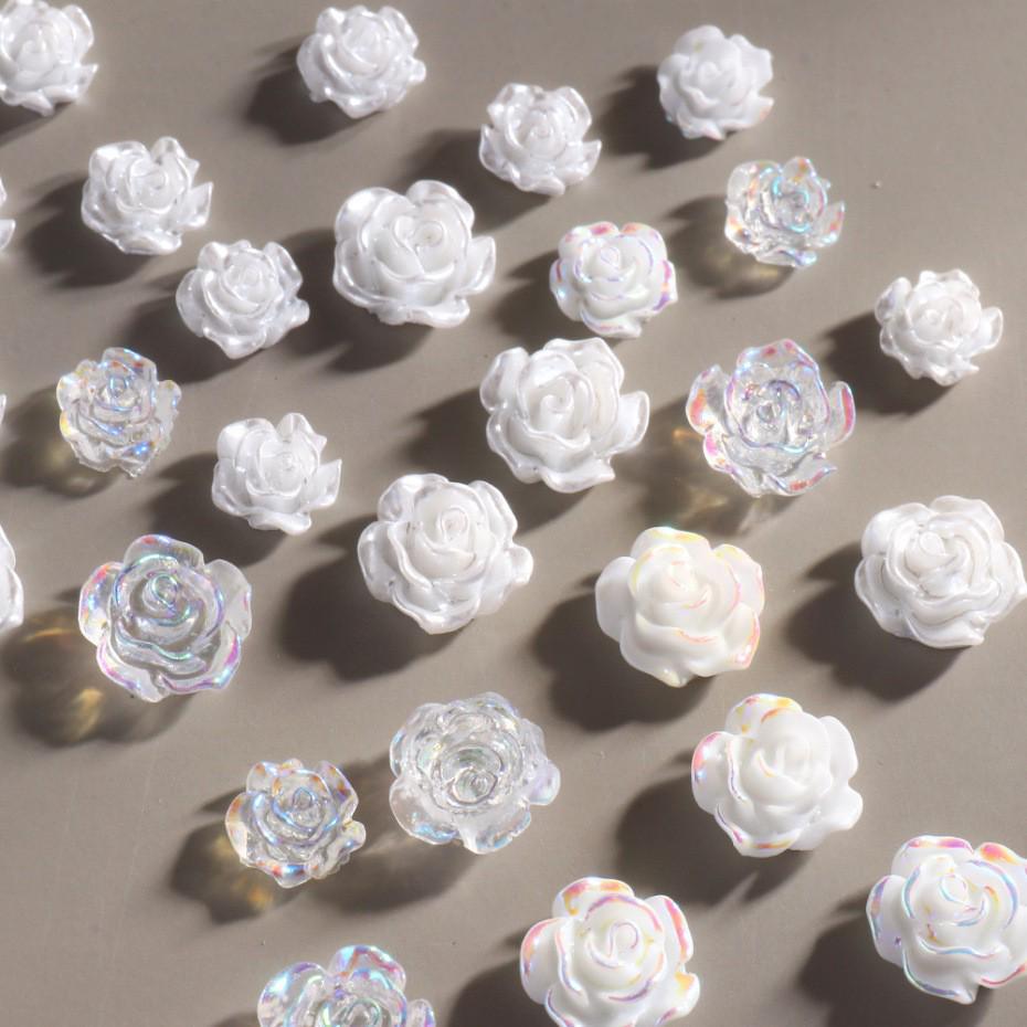 Boxed Set of 90 Camellia Resin Rhinestones for Nail Art - Iridescent 3D Flower Decorations In Various Sizes.