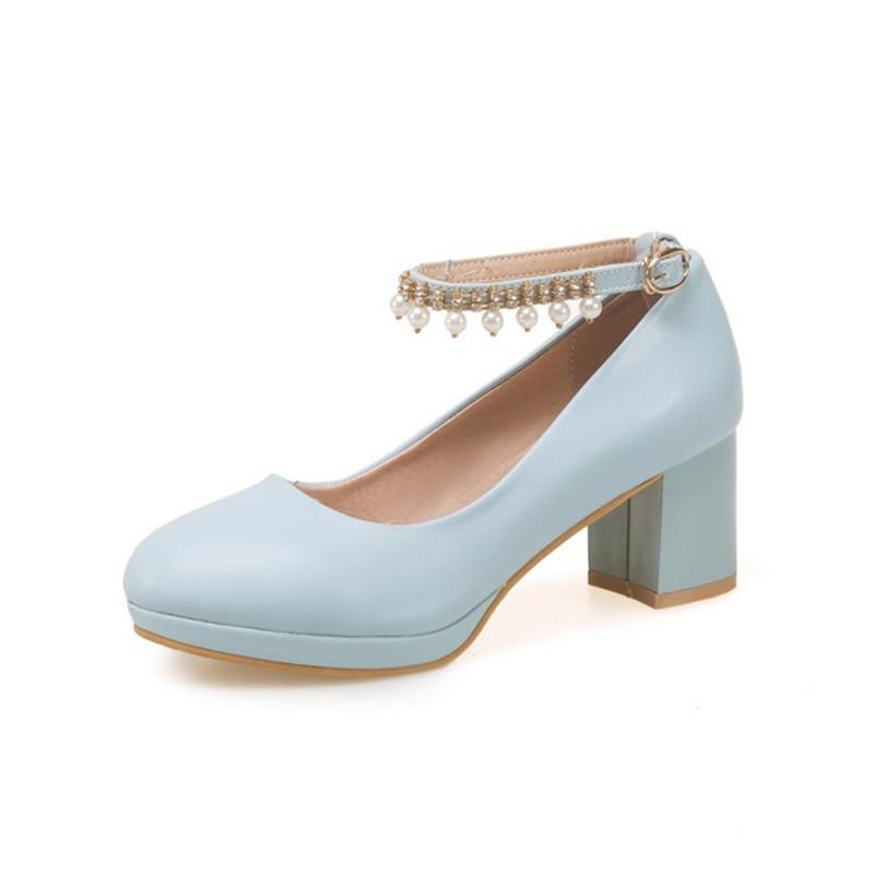 Girls Leather Shoes Ladies High Heel Shoes Sweet Pearl Ankle Strap Princess Mary Janes Party Wedding Shoes Women Pump 30-43