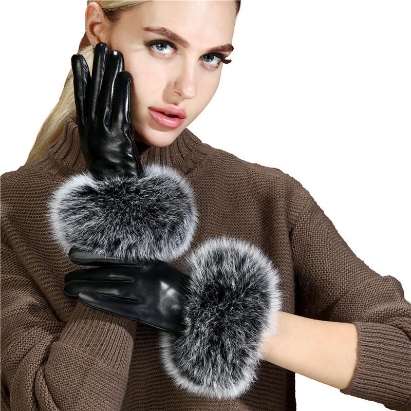 Women's Fox Fur Gloves, Sheepskin With Winter Fleece For Warmth Outdoor Driving Thin Women's Touch Screen Leather Gloves Women's