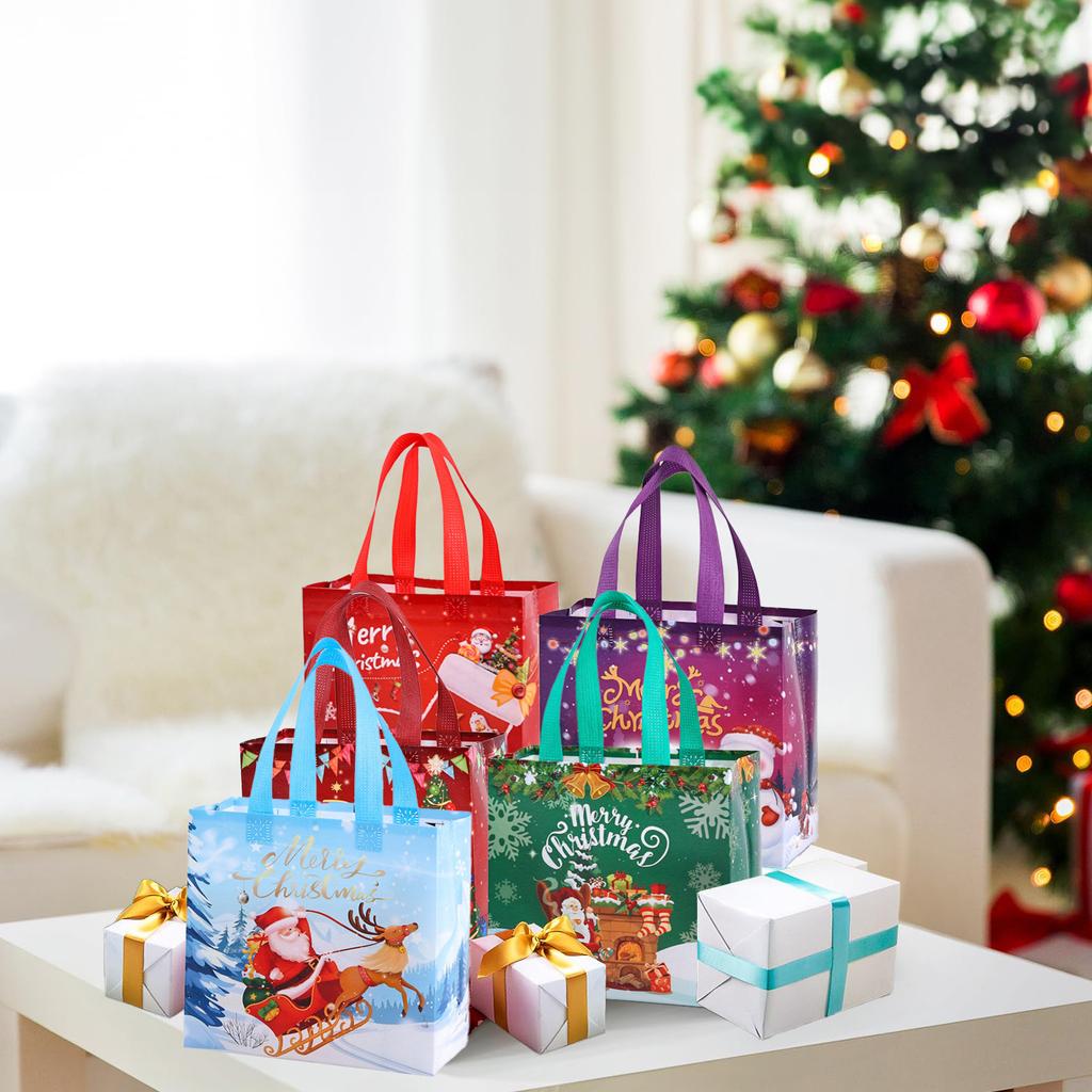 5/10 Stück Weihnachtsgeschenktüten, Kleine wiederverwendbare Vlies-Weihnachts-Tragetaschen mit Henkeln, Perfekt für Geschenkverpackung/Partyzubehör