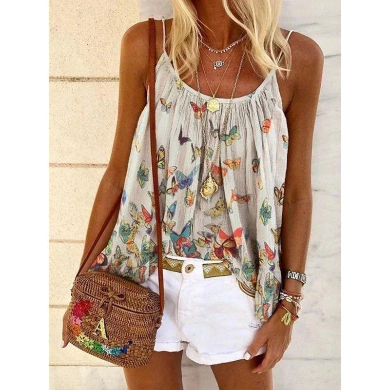 Butterfly Print Halter Top T-shirt Fashion Butterfly Print Sling Tops T-shirt for Women