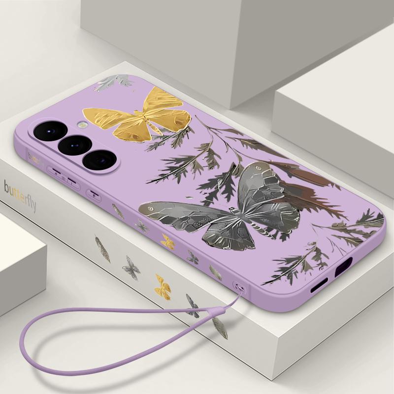 Plating Lens Golden Butterfly Pattern Case For Samsung Galaxy A56 A17 A26 A16 A36 A55 A54 A53 A15 S24 S25 FE S25 S22 S23 Ultra Plus Lanyard Soft Cover