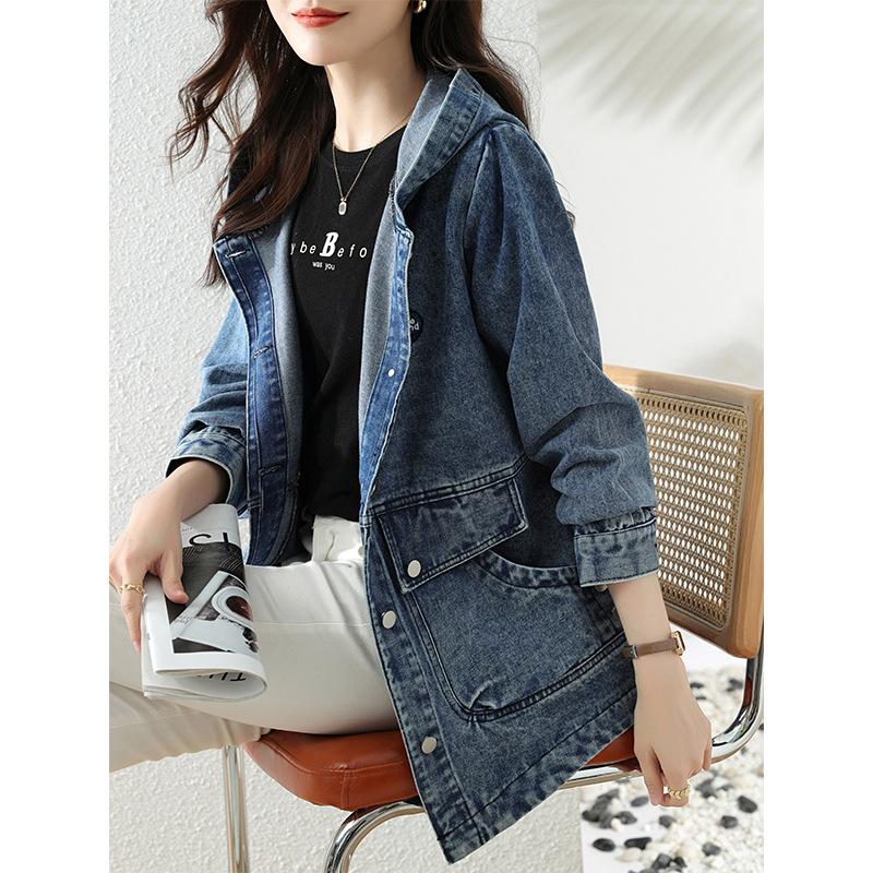 

Повседневная вышивка свободная джинсовая куртка женская весенняя новая универсальная и тонкая модная темпераментная джинсовая куртка с капюшоном на молнии M синий