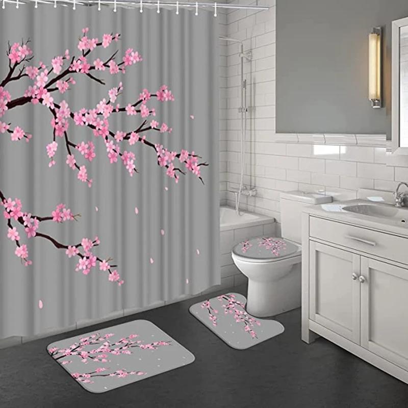 Cherry Blossoms Print Fabric Shower Curtains Bathroom Curtain Set Flower Anti-Skid Rugs Carpet Toilet Lid Cover Bath Mat Sets