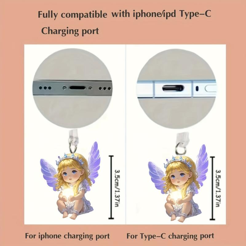 2Pcs Diy Accessories For Phone Type-C Interface Dust Plug Hanging Decoration 2D Flat Acrylic Angel Fairy Cat Phone Dust Plug