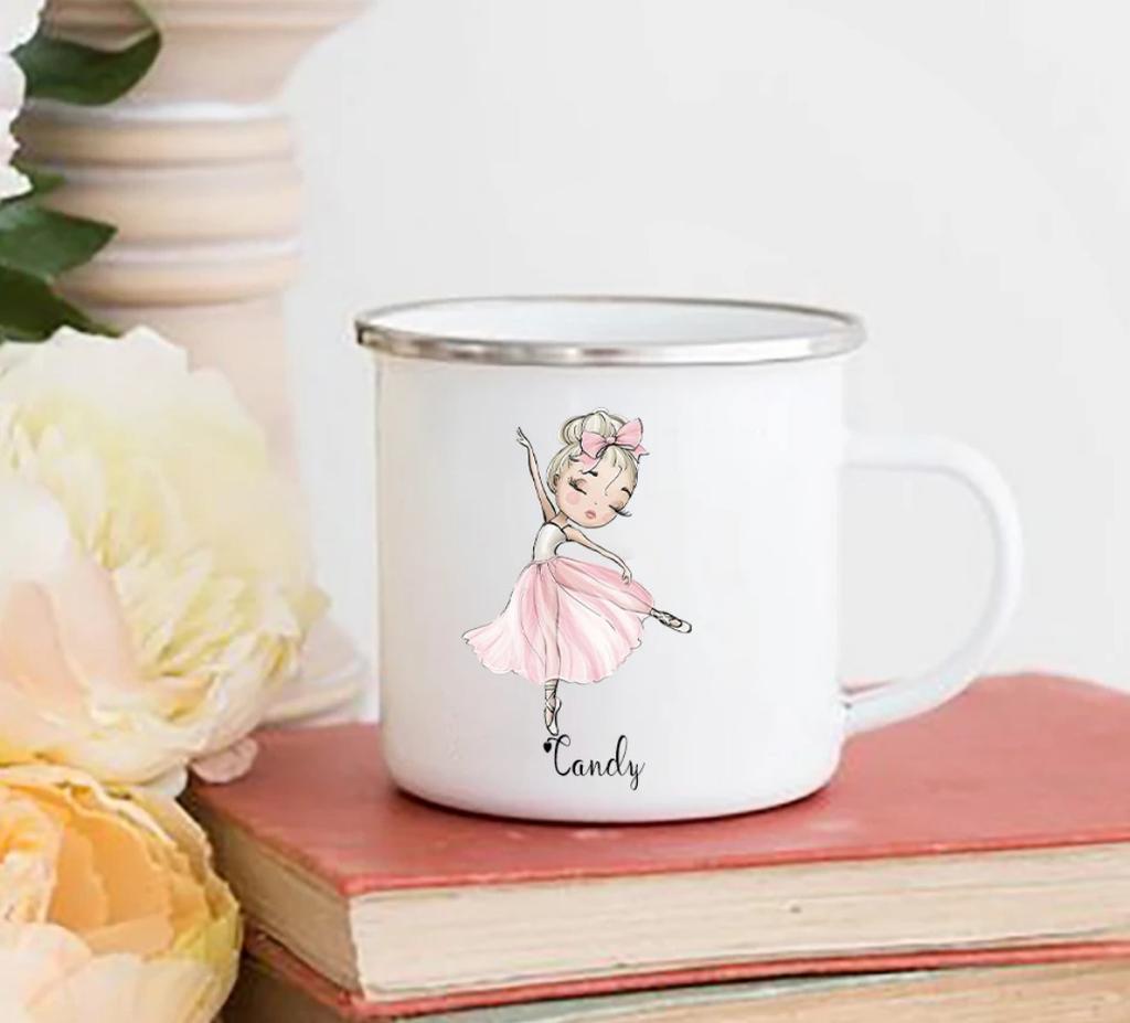 Personalized Name Ballerina Cups Custom Ballet Dance Hot Chocolate Juice Enamel Mug Girls Handle Mugs Birthday Children's Gifts