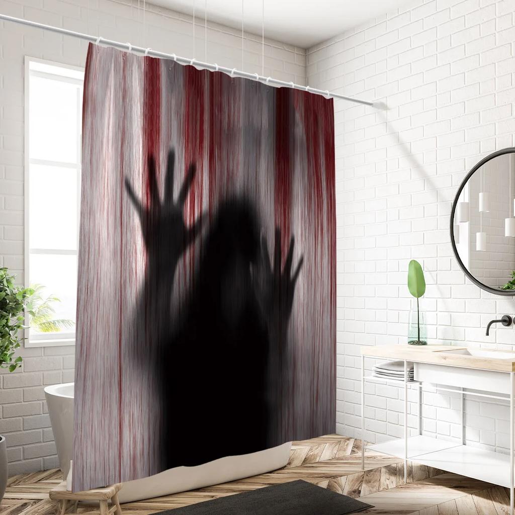 Halloween Shower Curtain Spooky Female Blood Ghost ,Shadow Bloody Handprint Haunted House Shower Curtain For Bathroom Decorati