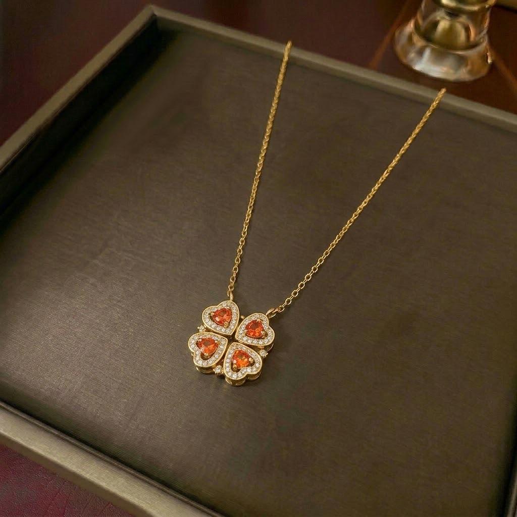 Women's Heart-Shaped Necklace with Four-Petal Flower, Cubic Zirconia, Titanium Steel Clavicle Chain - Elegant and Versatile Accessory